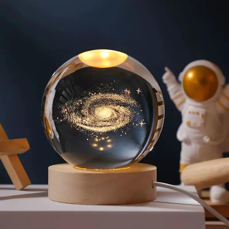 3D Galaxy Crystal Ball Night Lamp – USB-Powered LED with Wooden Base