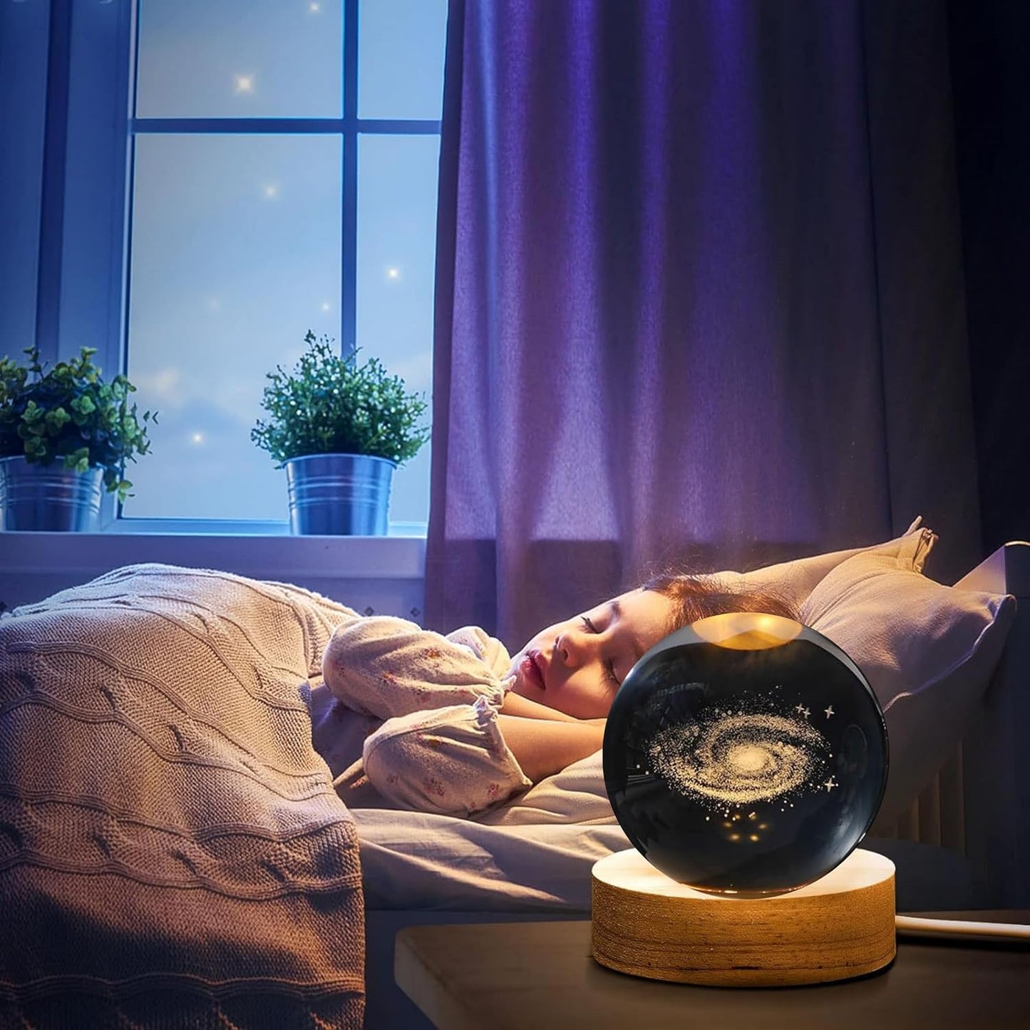 3D Galaxy Crystal Ball Night Lamp – USB-Powered LED with Wooden Base