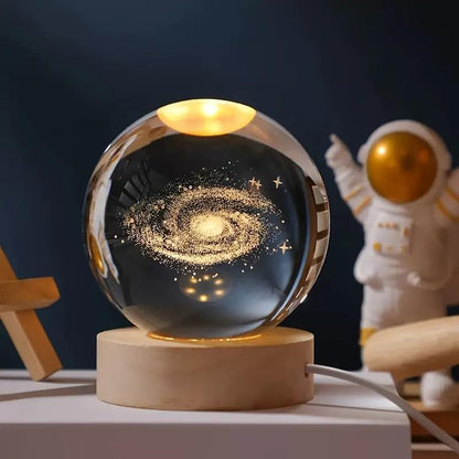 3D Galaxy Crystal Ball Night Lamp – USB-Powered LED with Wooden Base