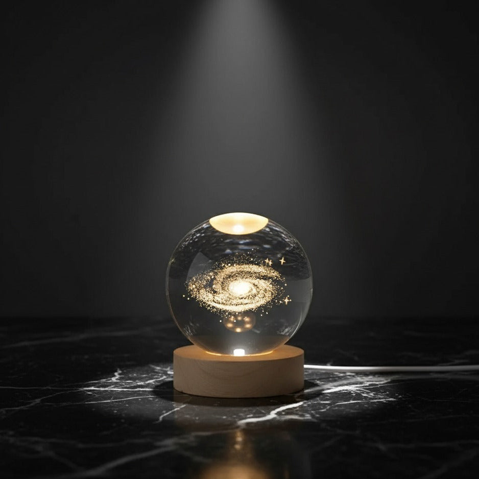 3D Galaxy Crystal Ball Night Lamp – USB-Powered LED with Wooden Base